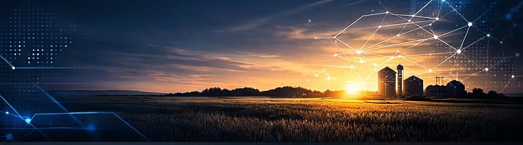 A Southern Illinois grain field at sunset with a data network drawn across the sky
